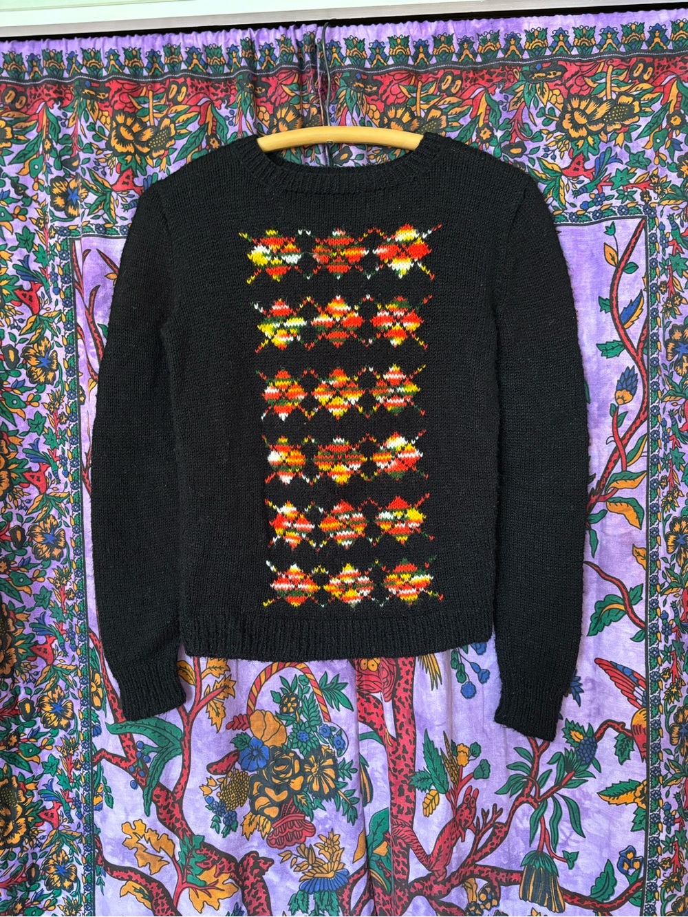 Vintage Handmade Black Sweater with Multicolor Fair Isle Front - Size Small